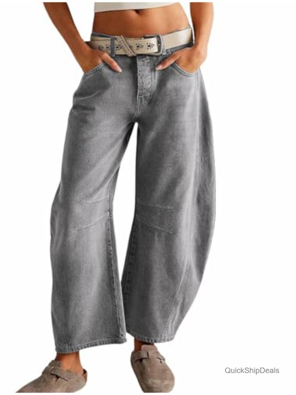 Womens Stretchy Mid Rise Barrel Jeans Vintage Loose Wide Leg Cropped Denim